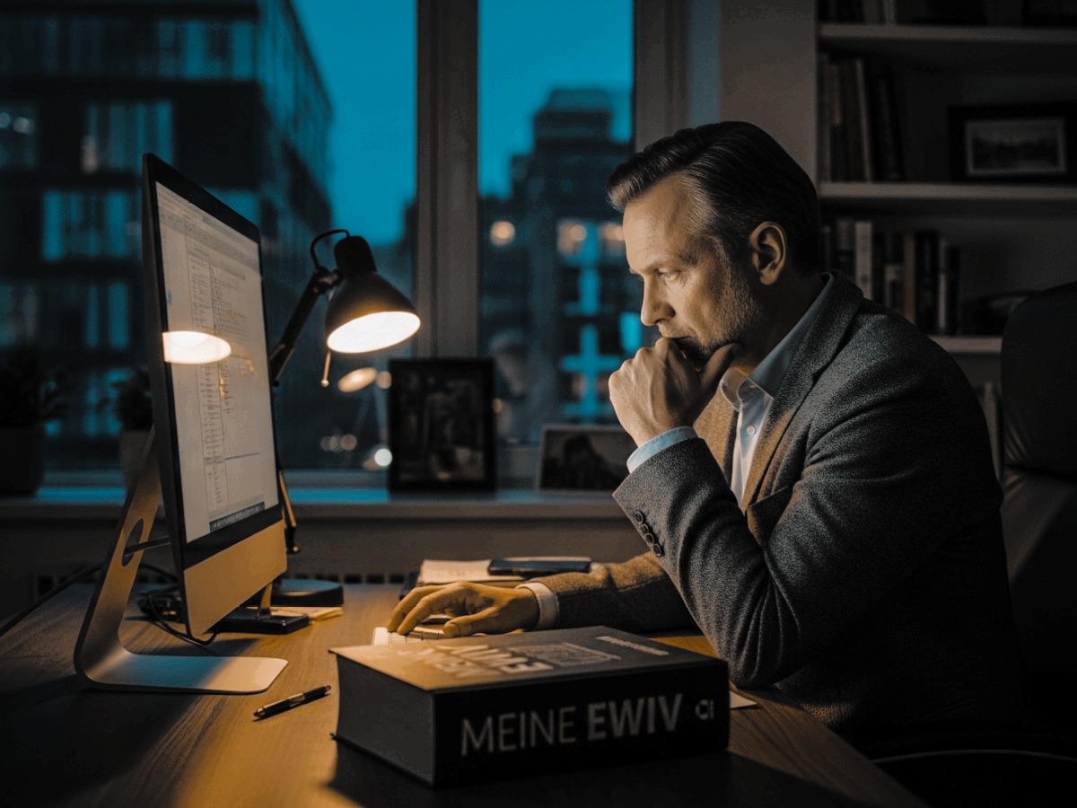 Nachdenklicher EWIV-Inhaber im Büro mit Fachliteratur Ratloser Unternehmer vor Bildschirm mit EWIV-Handbuch – Symbolbild für rechtliche Unsicherheit bei EWIV-Inhabern