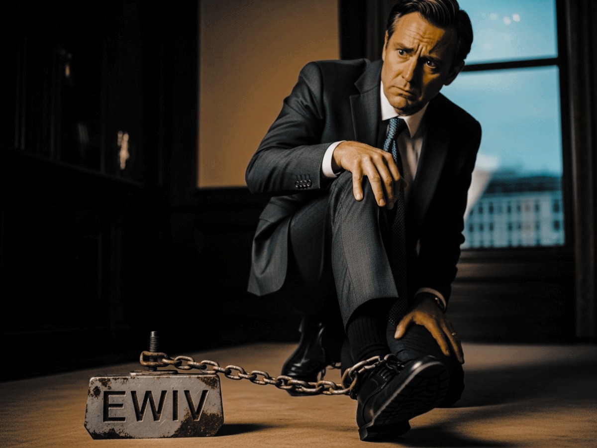 Gefesselt durch EWIV – Haftung und strukturelle Probleme Geschäftsmann mit Kette am Fuß und Block mit Aufschrift EWIV – Symbolbild für EWIV Probleme und Haftung