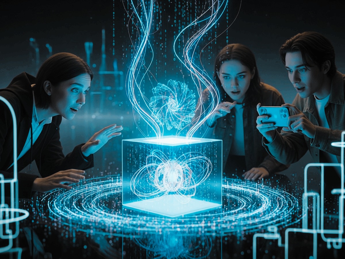 Hologramm-Projektion als Symbol für Verständlichkeit Drei Personen betrachten holografische Datenvisualisierung – Symbolbild für verständliche Darstellung komplexer Themen